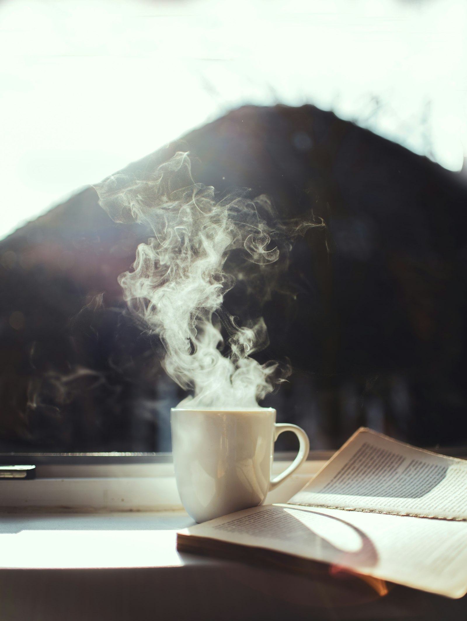 A steaming mug and an open book on a sunlit window sill