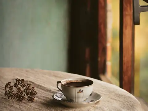 The table in the window, laid with a cup and saucer, the sash frame beside it and the morning light on the wall.